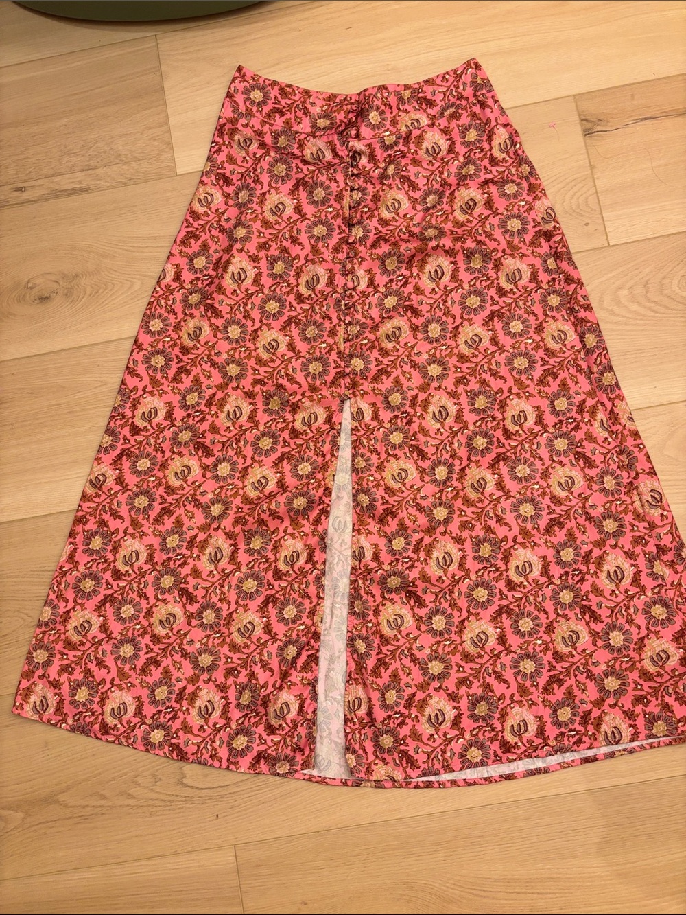 Free People Pink Floral A-Line Midi Skirt with Front Slit
